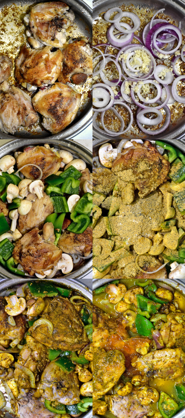 collage of six steps while creating south african chicken curry