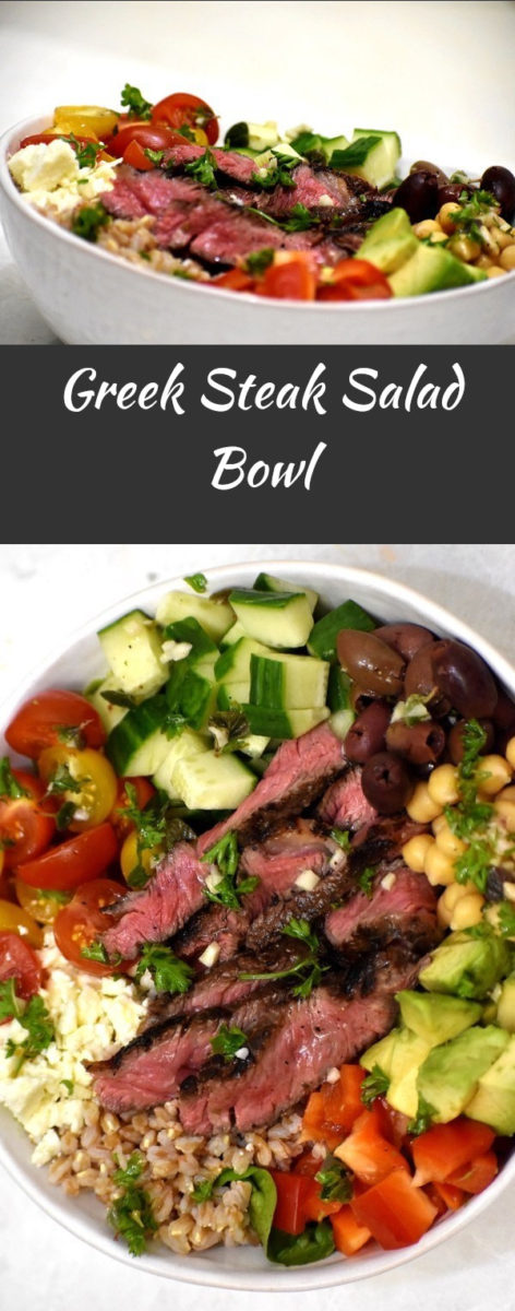 split image of greek steak salad bowl. the top picture is from the side and the bottom pipcture is overhead.