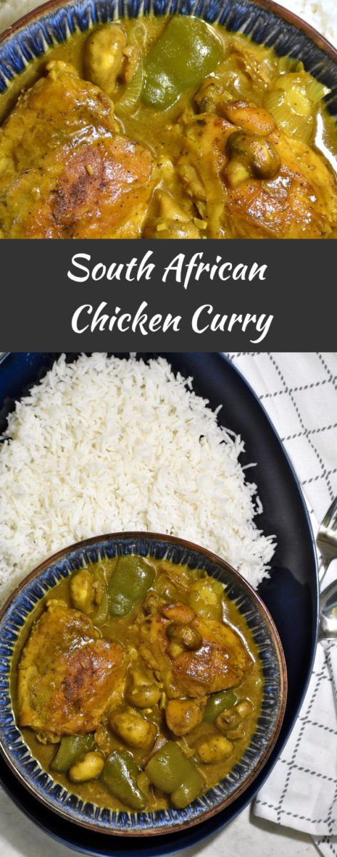 split image with close up south african chicken curry in a blue bowl above, and a zoomed out picture of the bowlful of curry on a large blue platter alongside a pile of white rice